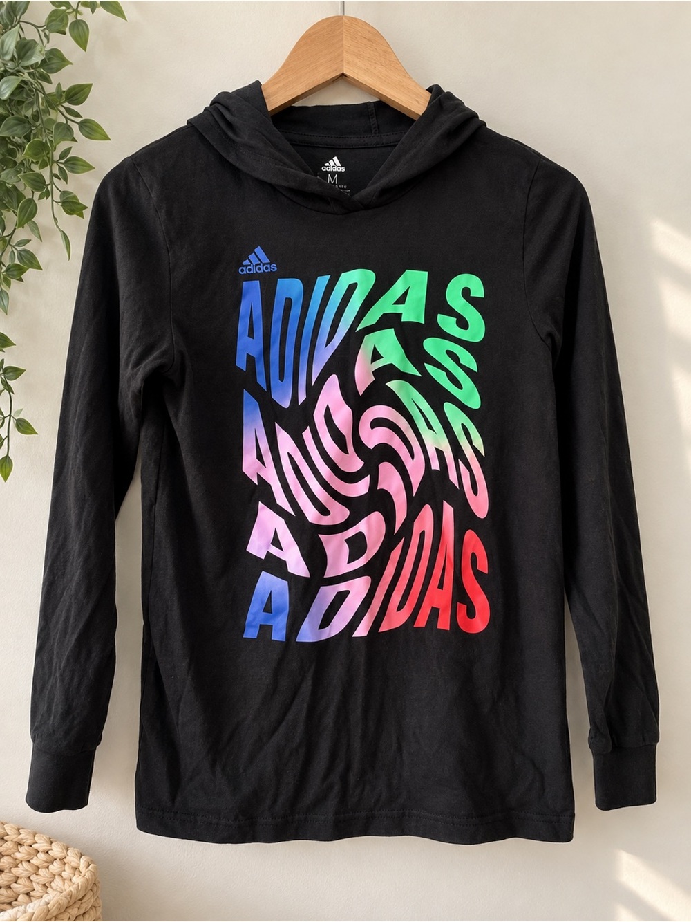 Adidas Boys Black Dry Fit Hoodie Tee with Multicolor Distorted Logo, youth M